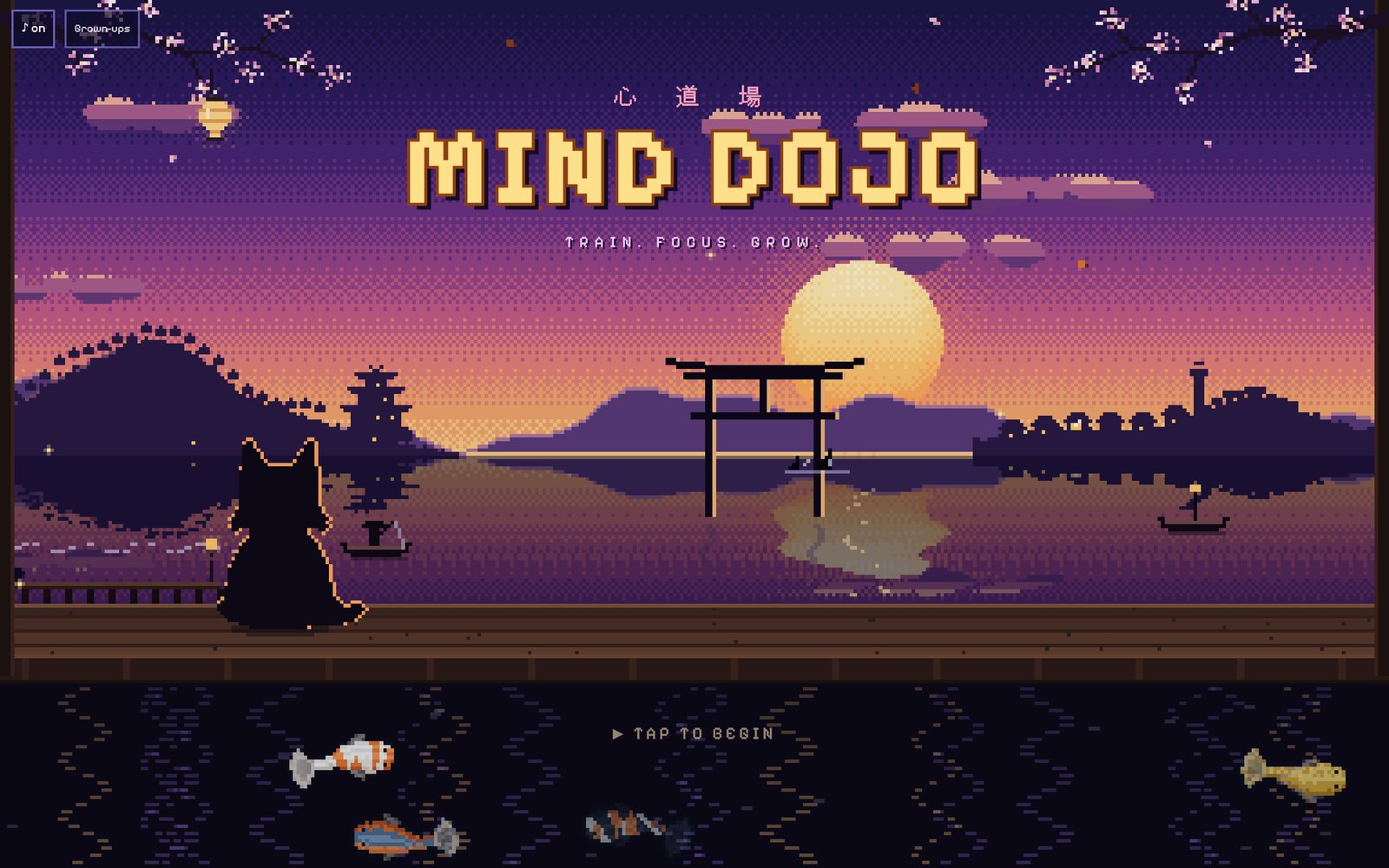 Mind Dojo title screen: Tashiro Island's harbour at dusk in 16-bit pixel art