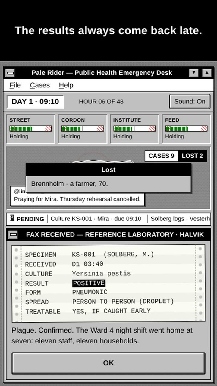 Pale Rider: the culture result arrives by fax, positive for plague, hours after the call was made