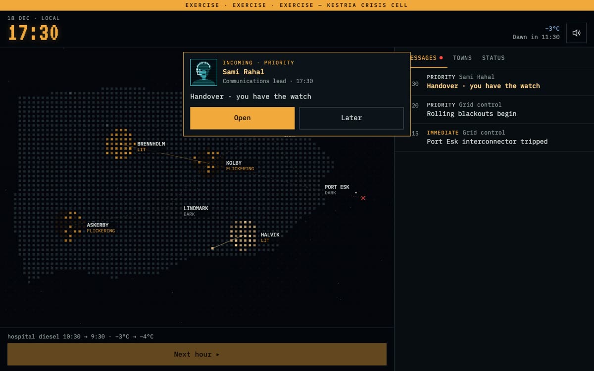 Grey Night's briefing map: a city grid going dark through one winter night